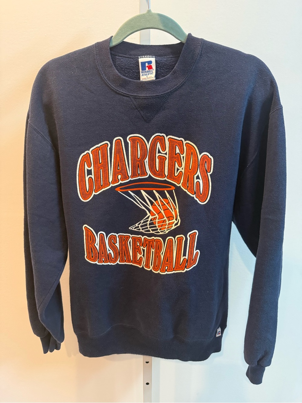 Vintage 90s Russell Athletic Navy Crewneck Orange Chargers Basketball Size L